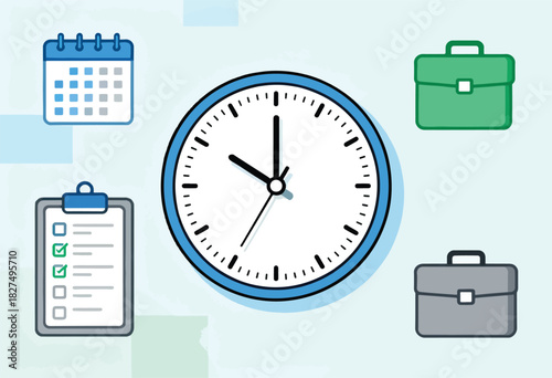 Cartoon illustration featuring a clock, calendar, checklist, and briefcases on a light-blue background