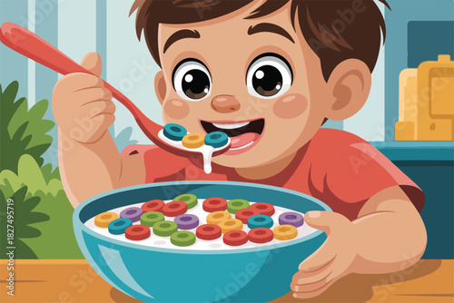 A young boy, smiling, about to eat cereal from a blue bowl, holding a spoon with cereal in it