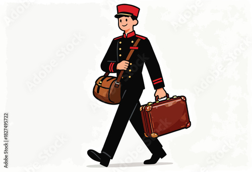Cartoon illustration depicts a bellhop in uniform, carrying a suitcase and bag, walking against a textured background