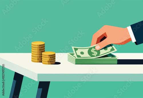 Graphic illustration a hand picks up a banknote from a stack next to coin stacks, all on a table