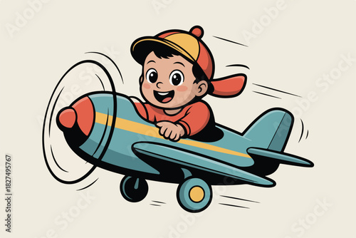 A cheerful cartoon child in a red shirt and cap piloting a retro-style blue airplane with a rotating propeller