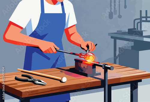 A glassblower wearing a blue apron uses tools to shape molten glass on a table. Heat and light glow