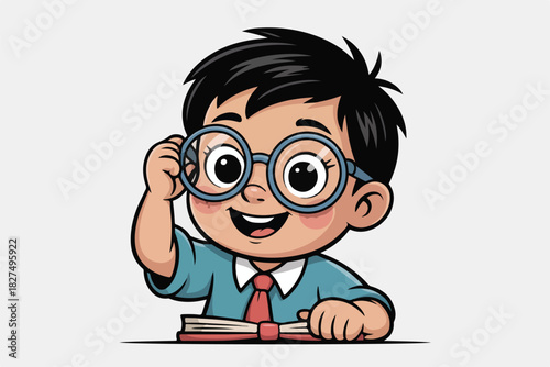 Cartoon illustration of a young, bespectacled boy with a book, adjusting his glasses and smiling widely