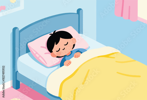 A child sleeps soundly in a cozy bed, covered with a yellow blanket, in a pastel-colored bedroom