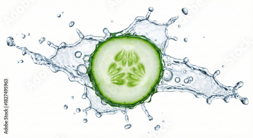 Fresh green cucumber slice water splash isolated on white background