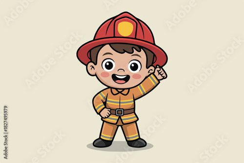 Cartoon illustration of a smiling boy dressed in a fireman's uniform, waving a raised arm
