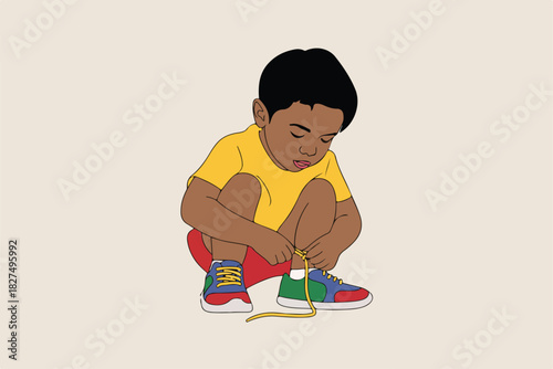 An illustration shows a child in a yellow shirt and red shorts, tying the laces of his multi-colored shoes
