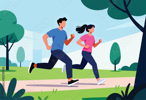 An illustration depicting a man and woman running on a park path, trees surrounding them. Blue and pink clothing