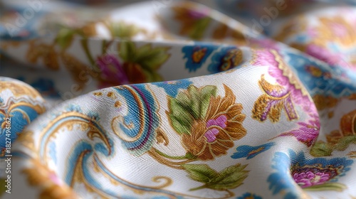 Elegant Floral Pattern on Soft Fabric with Colorful Embroidery Design and Smooth Texture for Textile Background