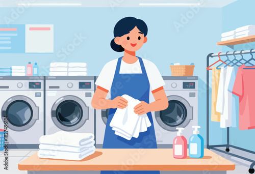 A laundromat illustration depicts a woman folding towels, with washers, clothes, & cleaning supplies in view