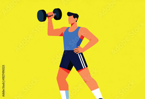 A stylized illustration of a person lifting a dumbbell, wearing athletic attire, against a yellow background