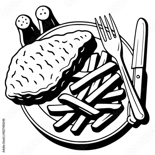 Black vector illustration of classic British fish and chips, served on a plate with cutlery and salt and pepper shakers.