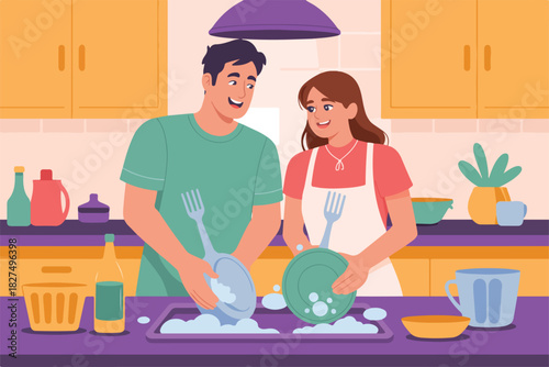 A smiling couple, in a kitchen with various items, washes dishes together. Colorful illustration