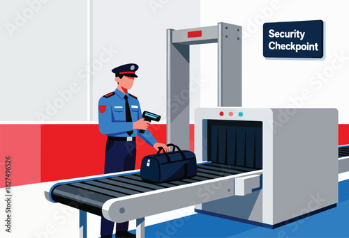 A uniformed security guard scans luggage at a checkpoint. A dark blue bag sits on a conveyor near an x-ray machine