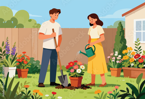 A couple tending to flowers in a garden. The man is digging, and the woman is watering the blooms. A fence, house, and plants are in view
