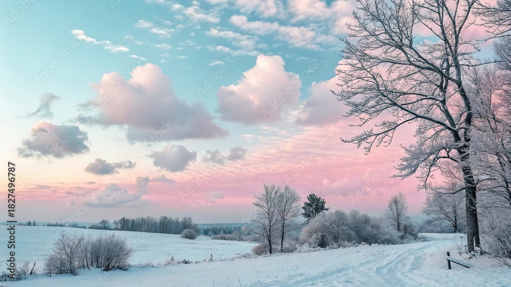 Obraz premium Winter pastel sky gradient over a snowy landscape with trees at dusk