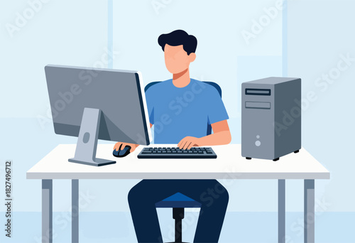 A person in a blue shirt sits at a desk working on a desktop computer. Clean white desk. Vector illustration
