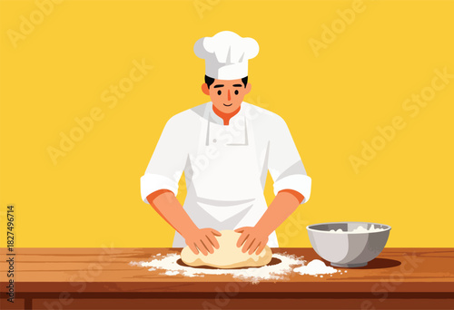 A chef in a white uniform kneads dough on a wooden table, flour scattered. Bowl of flour beside. Yellow background