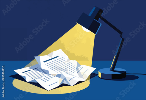 A desk lamp illuminates crumpled papers against a deep blue backdrop, emphasizing focus and late-night work
