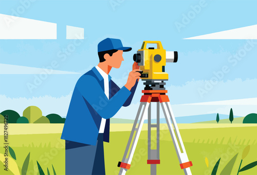 An illustrated surveyor in a blue uniform is looking through a yellow theodolite on a tripod in a field