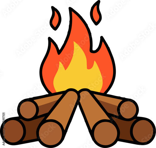 Minimalist Bonfire with Timber Logs on Dark Night Background – Flat Camping Fire Vector Illustration