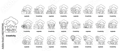 set of illustrations in the concept of bombs and creativity in a line style