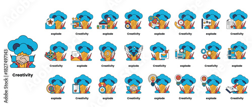 set of illustrations in the concept of bombs and creativity in a line style