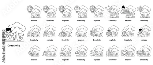 set of illustrations in the concept of bombs and creativity in a line style