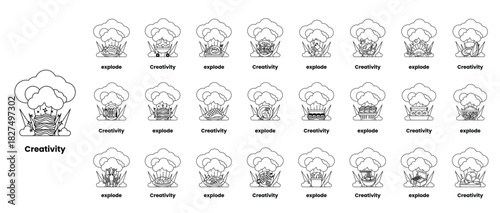 set of illustrations in the concept of bombs and creativity in a line style