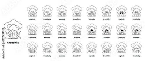 set of illustrations in the concept of bombs and creativity in a line style