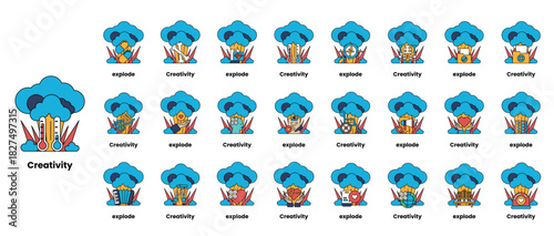 set of illustrations in the concept of bombs and creativity in a line style