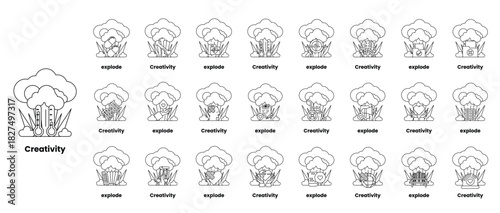 set of illustrations in the concept of bombs and creativity in a line style