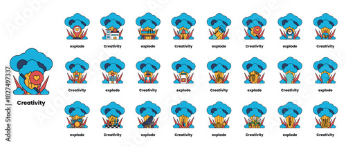 set of illustrations in the concept of bombs and creativity in a line style