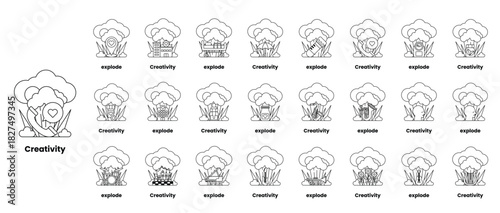 set of illustrations in the concept of bombs and creativity in a line style
