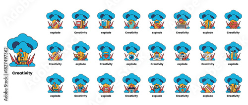 set of illustrations in the concept of bombs and creativity in a line style