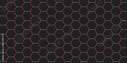 Abstract dark hexagon pattern on red neon background technology style. Modern futuristic geometric shape web banner design. You can use for cover template, poster, flyer, print ad. Vector illustration
