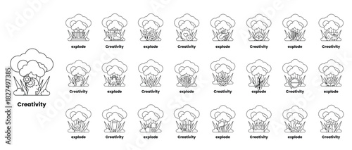 set of illustrations in the concept of bombs and creativity in a line style