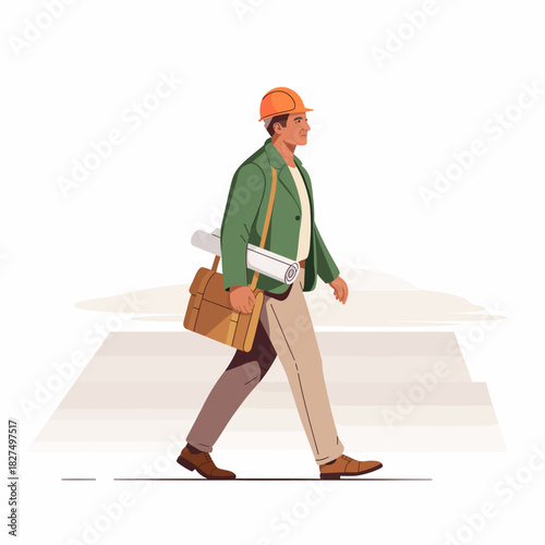 An illustration of a focused builder walking confidently, carrying construction plans and equipment, reflecting dedication and professionalism in the building industry.