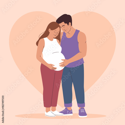 A touching illustration of a couple celebrating pregnancy, with their hands on the expectant mother's belly, embodying love, happiness, and the anticipation of parenthood.