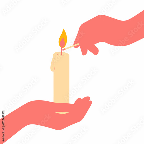 This image captures the intimate moment of hands lighting a candle with a matchstick, symbolizing warmth, comfort, and the creation of a cozy atmosphere for reflection.