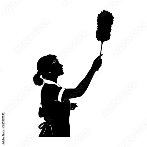 Silhouette of a maid dusting with a feather duster against white background