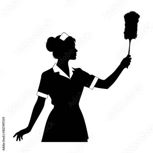 Silhouette of a maid in uniform holding a feather duster in her right hand