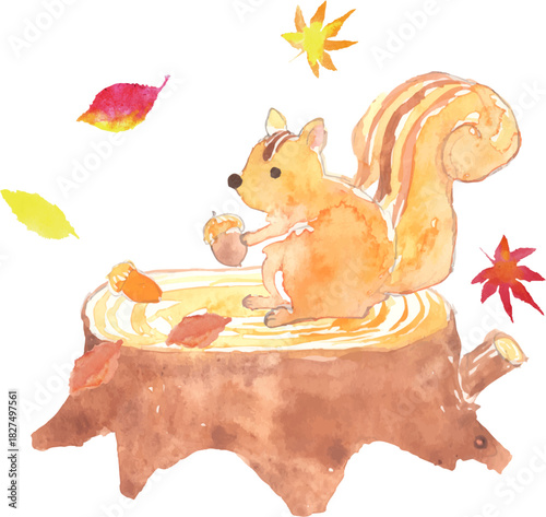 切り株の上に座るリスと紅葉のイラスト　ベクター