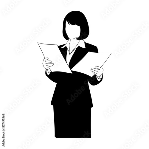 Silhouette of a woman in a suit holding two papers in her hands reading