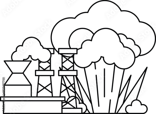 A black and white drawing of a factory with a cloud of smoke in the background