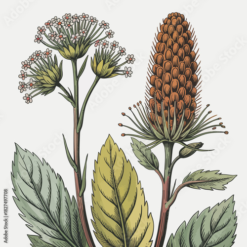 An artistic and detailed botanical illustration featuring flowering plants with lush leaves and distinct flowers, highlighting nature's beauty and diversity in a vibrant design.