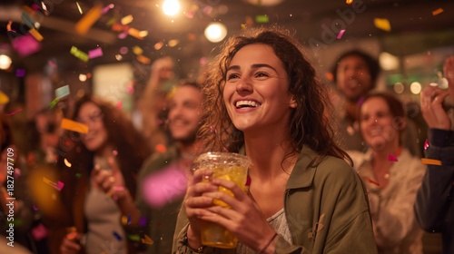 Young woman smiling, celebrating in a lively crowd with falling colorful confetti