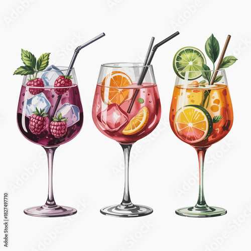 Enjoy a vibrant display of three beautifully crafted cocktails in stylish glassware, each adorned with fresh fruits and ice, representing a refreshing experience for gatherings.