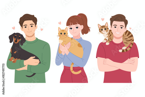A joyful scene showcasing young adults happily holding their beloved pets, celebrating companionship, love, and the special bond shared between humans and animals.