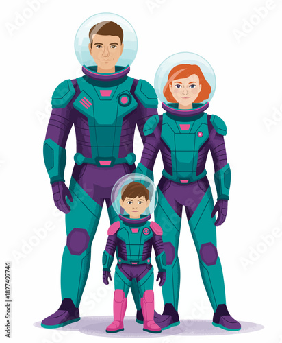 A fun and imaginative illustration of a family in colorful spacesuits, exploring the wonders of outer space, symbolizing adventure, togetherness, and curiosity in a futuristic setting.